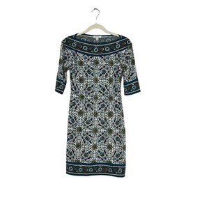 Max Studio Teal Geometric Shift Mini Dress Short Sleeve Boat Neck Women's Size S